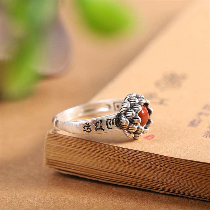 925 Sterling Silver Lotus Red Agate Confidence Blessing Ring (Extra 30% Off | USE CODE: FS30)