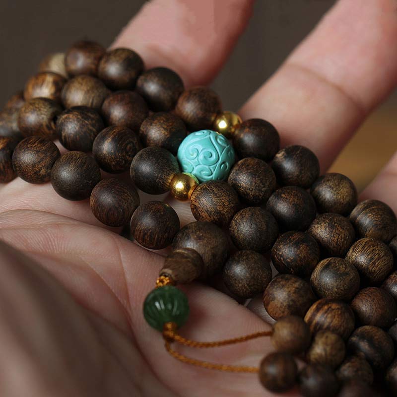 Buddha Stones 108 Mala Beads Nha Trang Agarwood Turquoise Prayer Meditation Bracelet Mala