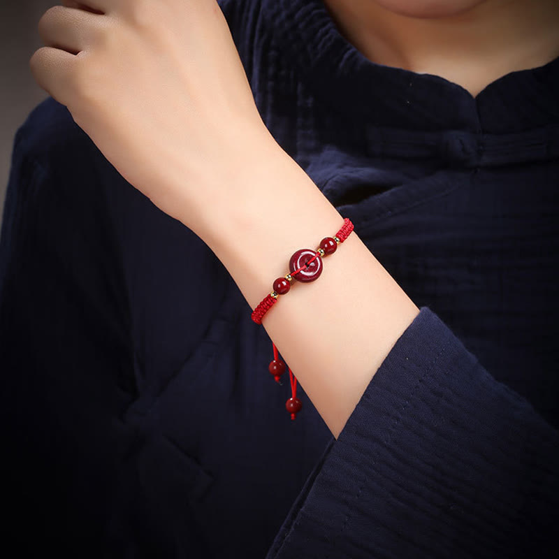 Buddha Stones Natural Cinnabar Peace Buckle Blessing String Bracelet