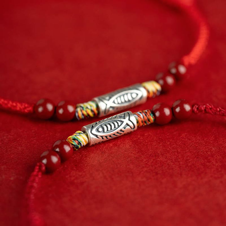 Buddha Stones 925 Sterling Silver Koi Fish Cinnabar Bead Wealth Handcrafted Braided Bracelet Anklet