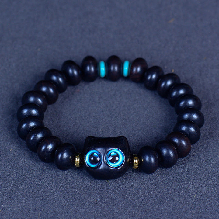 Buddha Stones Ebony Wood Liuli Glass Lovely Cat Peace Balance Bracelet