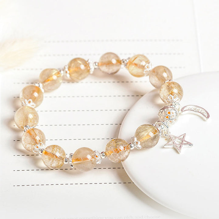 925 Sterling Silver Natural Citrine Happiness Moon Star Charm Bracelet