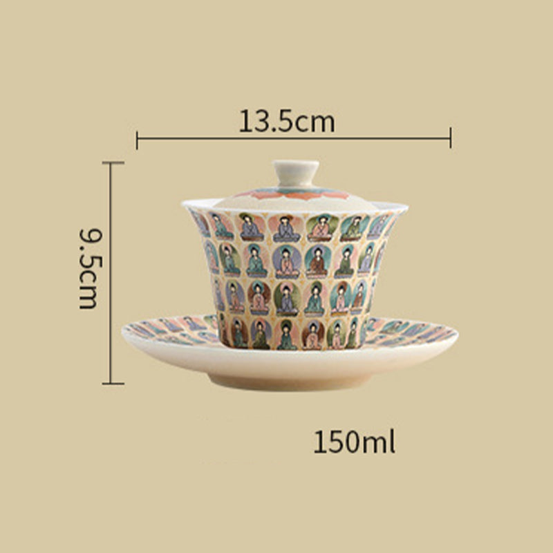 Buddha Stones Dunhuang Color Thousand Buddhas Flying Apsaras Pattern Gaiwan Teacup Kung Fu Tea Cup With Lid