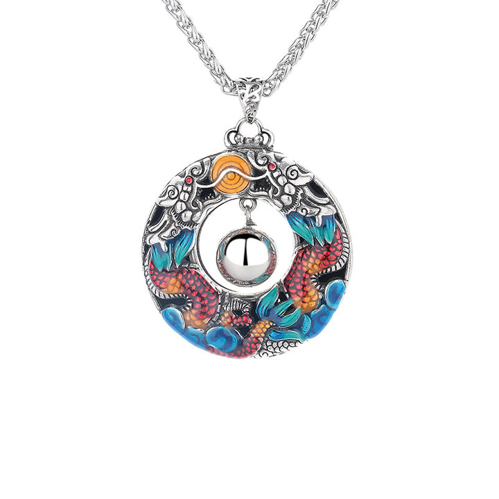 Buddha Stones Year of the Dragon Colorful Double Dragons Playing Bead Copper Protection Necklace Pendant