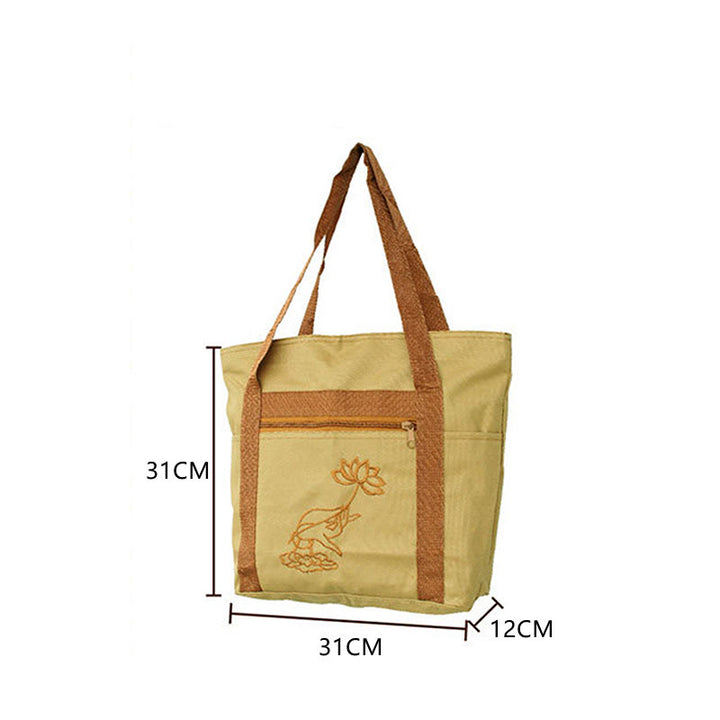 Spiritual Mind Practice Lotus Embroidery Pattern Canvas Shoulder Bag Tote Bag