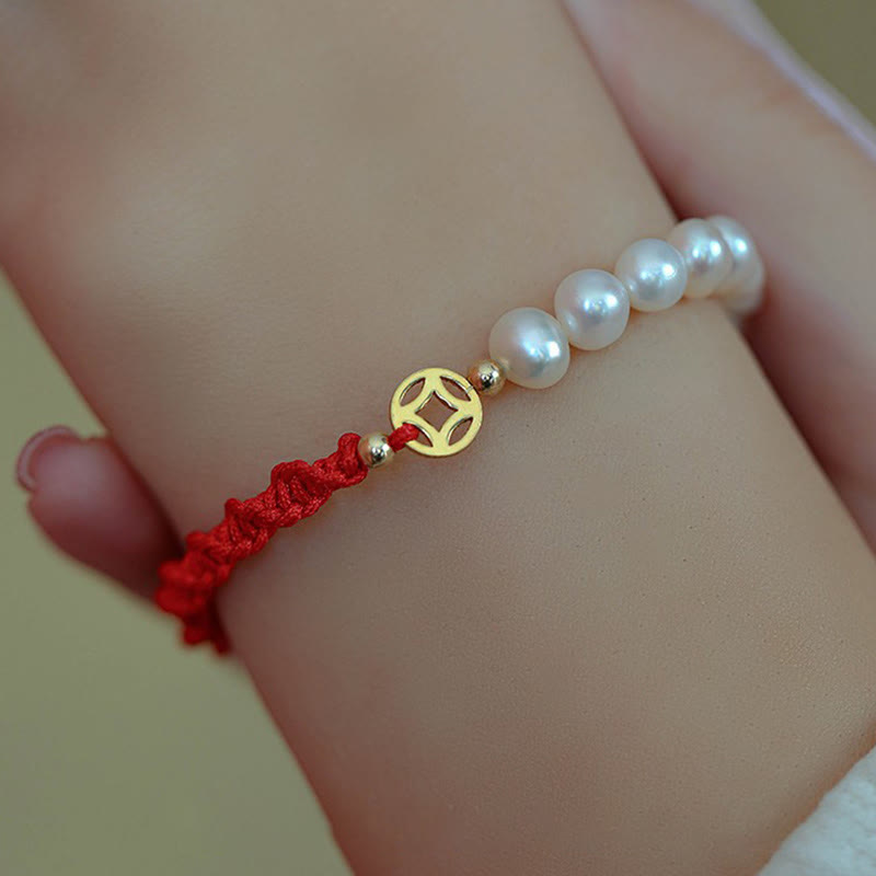 14K Gold Plated Pearl Bead Luck Protection Braid Red String Bracelet