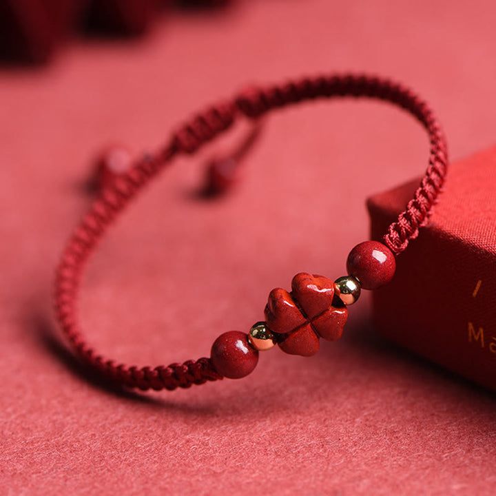 Four Leaf Clover Five-petal Flower Cinnabar Blessing Red String Bracelet