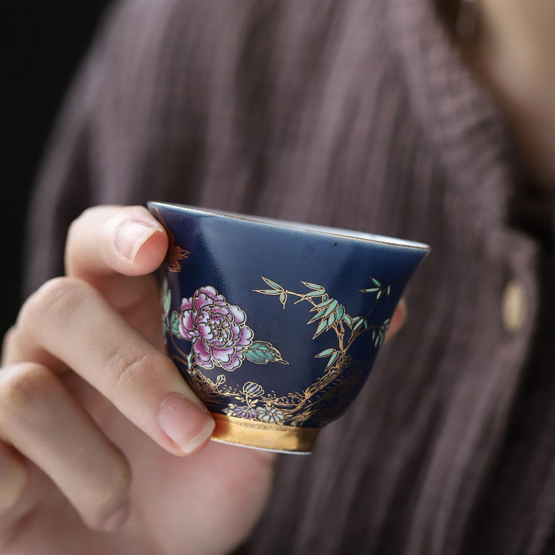 Buddha Stones Golden Magpie Peony Flower Ceramic Teacup Kung Fu Tea Cup