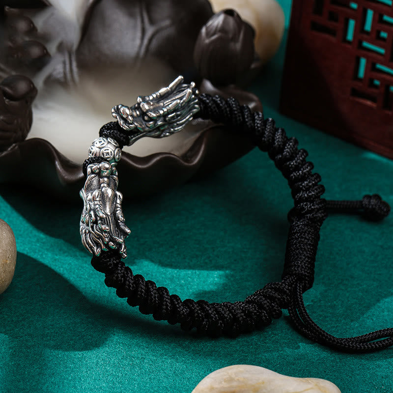 Buddha Stones 999 Sterling Silver Double Dragon Luck Handmade Braided Bracelet