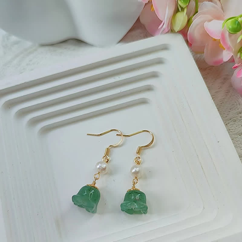 Buddha Stones Lily of The Valley Natural Green Aventurine 14K Gold Plated Luck Pearl Drop Dangle Floral Earrings