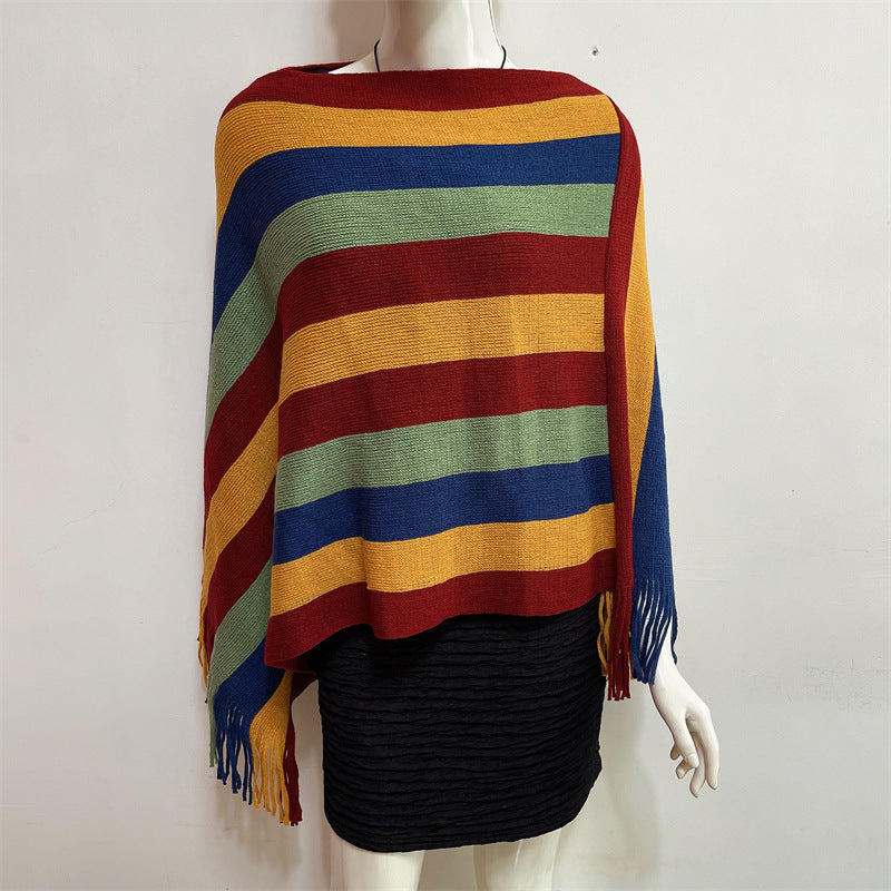 Buddha Stones Tibetan Colorful Striped Design Shawl Tassels Pullover Winter Cozy Travel Scarf Wrap