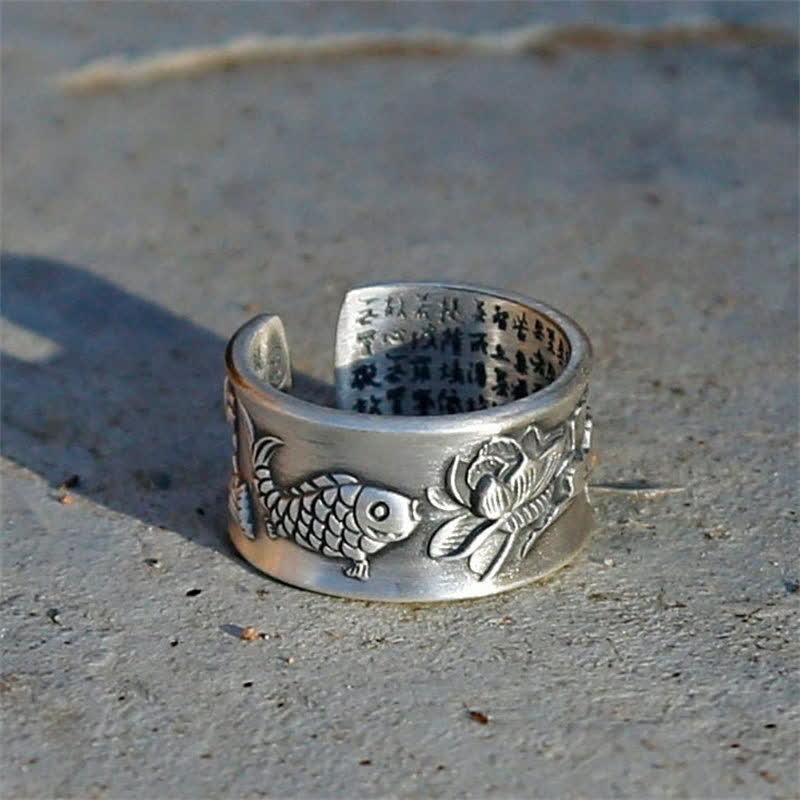 999 Sterling Silver Luck Koi Fish Lotus Heart Sutra Wealth Ring