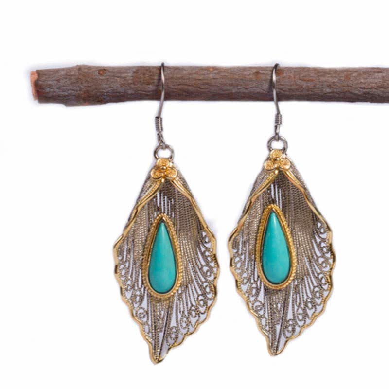 925 Sterling Silver Turquoise Bodhi Leaf Pattern Protection Drop Dangle Earrings