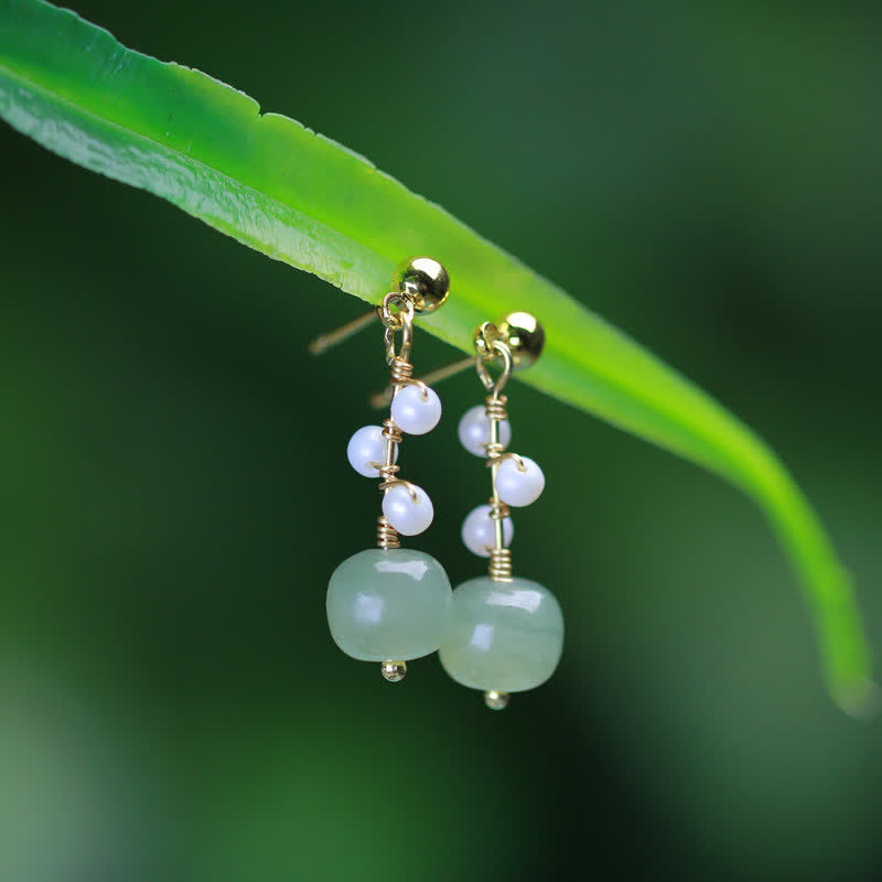 Hetian Jade Flower Pattern 14K Gold Plated Luck Drop Dangle Earrings