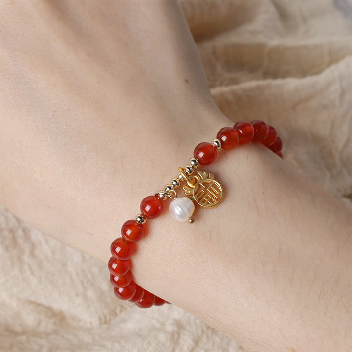 Buddha Stones Year of the Dragon Red Agate Jade Peace Buckle Fu Character Success Bracelet