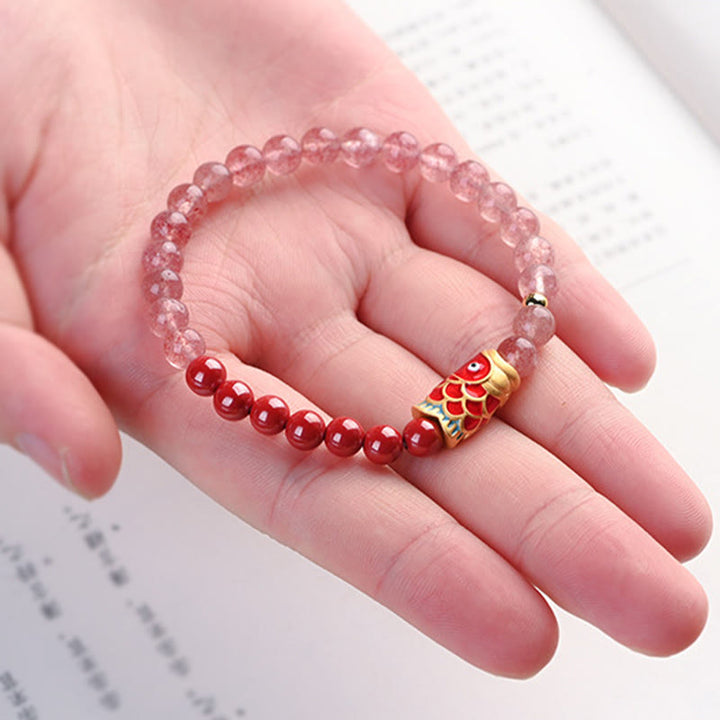 Buddha Stones Natural Strawberry Quartz Cinnabar Lucky Koi Fish Healing Bracelet