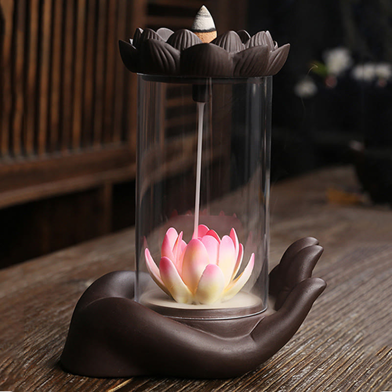 Buddha Stones Buddha Hand Lotus Enlightenment LED Light Purple Clay Ceramic Incense Burner Decoration