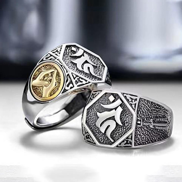 Buddha Stones 925 Sterling Silver Sanskrit Design Carved Protection Adjustable Ring