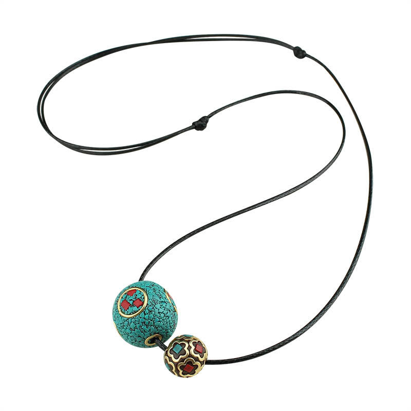 Buddha Stones Tibetan Turquoise Double Bead Protection Strength Necklace Pendant