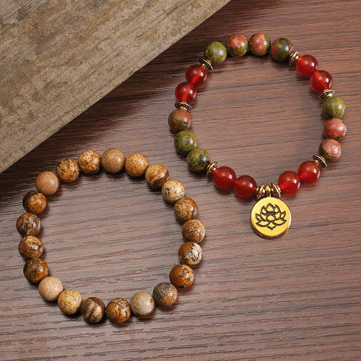 Buddha Stones Tibetan Picture Jasper Positive Lotus Bracelet Set