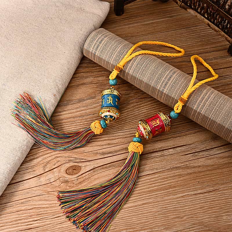 Tibet Om Mani Padme Hum Prayer Wheel Colorful Tassels Bag Car Hanging Decoration