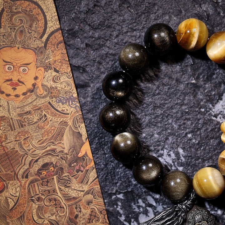 Buddha Stones Natural Gold Sheen Obsidian Tiger Eye Wealth Tassel Bracelet