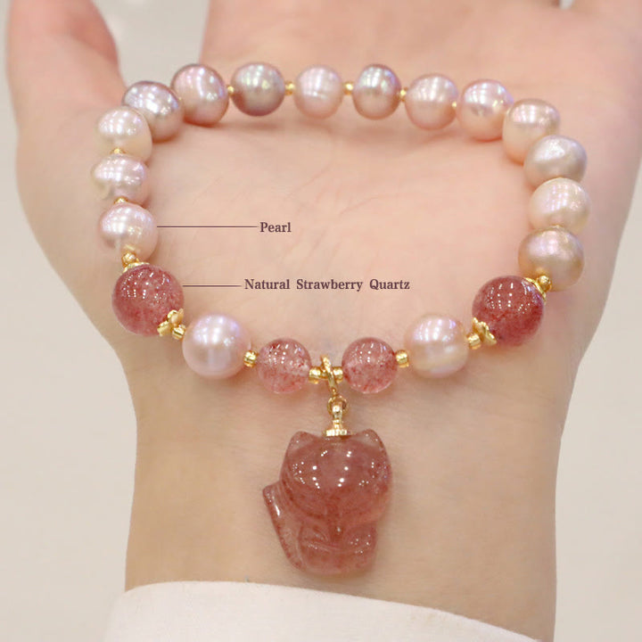 Buddha Stones Natural Pearl Strawberry Quartz Cute Fox Love Healing Charm Bracelet