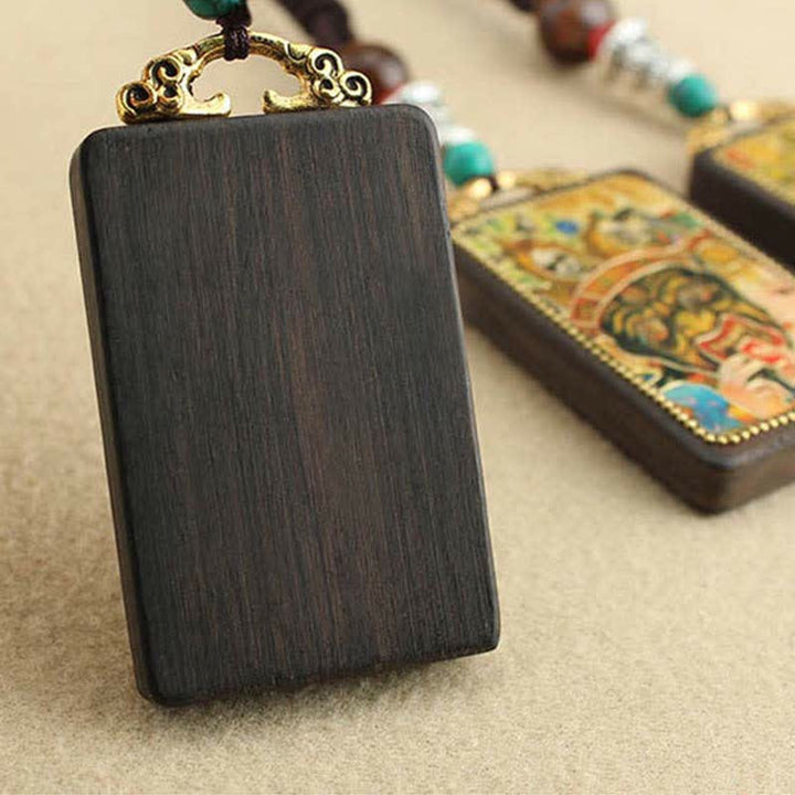 Buddha Stones Tibet God of Wealth Thangka Ebony Peace Necklace Pendant