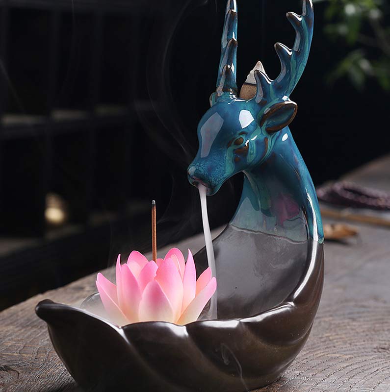 Buddha Stones Little Deer Ceramic Lotus Meditation Incense Burner Decoration