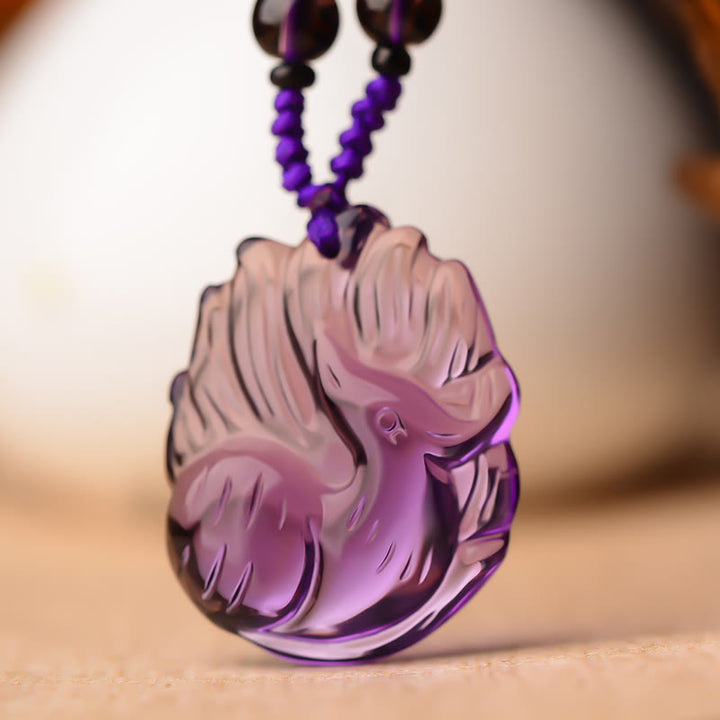 Buddha Stones Natural Amethyst White Crystal Citrine Nine Tailed Fox Luck Necklace Pendant