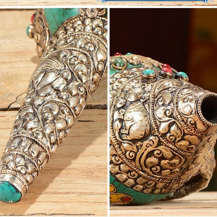 Tibetan Handmade Engraved Shankha Double Dorje Buddha Conch Shell Wealth Positive Decoration