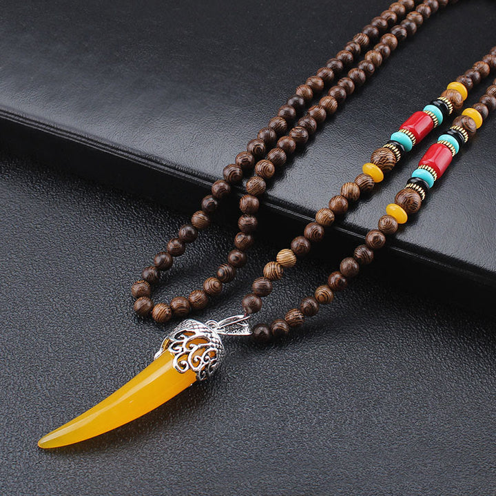 Wenge Wood Turquoise Stone Horn Style Protection Meditation Necklace Pendant