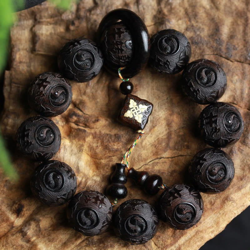 Buddha Stones Ebony Wood Chinese Character Yin Yang Engraved Gourd Balance Bracelet