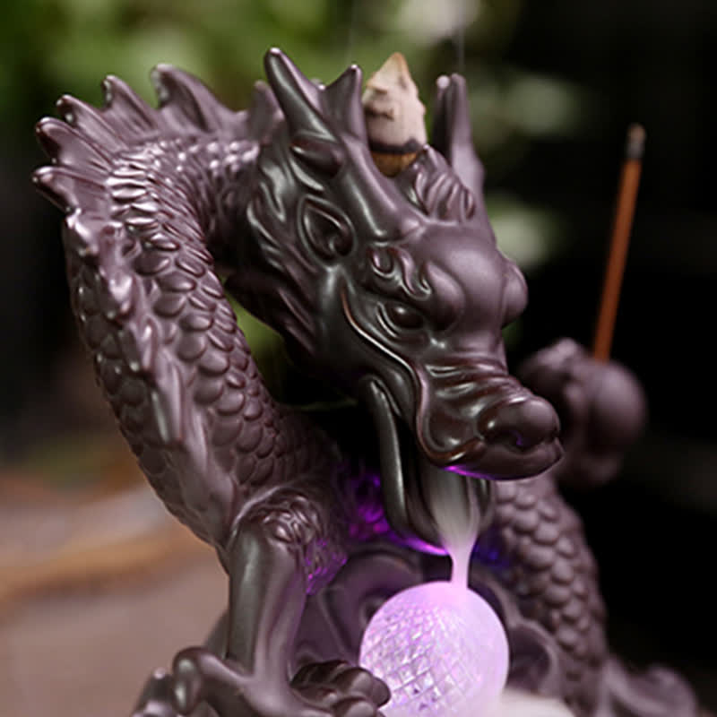 Auspicious Dragon Ceramic Backflow Smoke Fountain Meditation Healing Incense Burner Led Ball Decoration