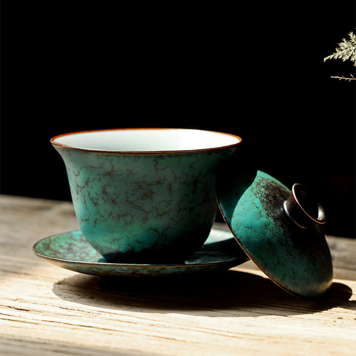 Buddha Stones Retro Green Glaze Ceramic Gaiwan Sancai Teacup Kung Fu Tea Cup And Saucer With Lid