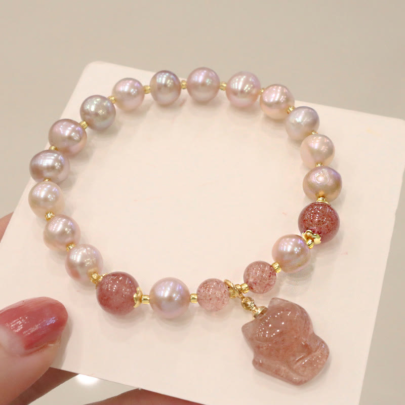 Buddha Stones Natural Pearl Strawberry Quartz Cute Fox Love Healing Charm Bracelet