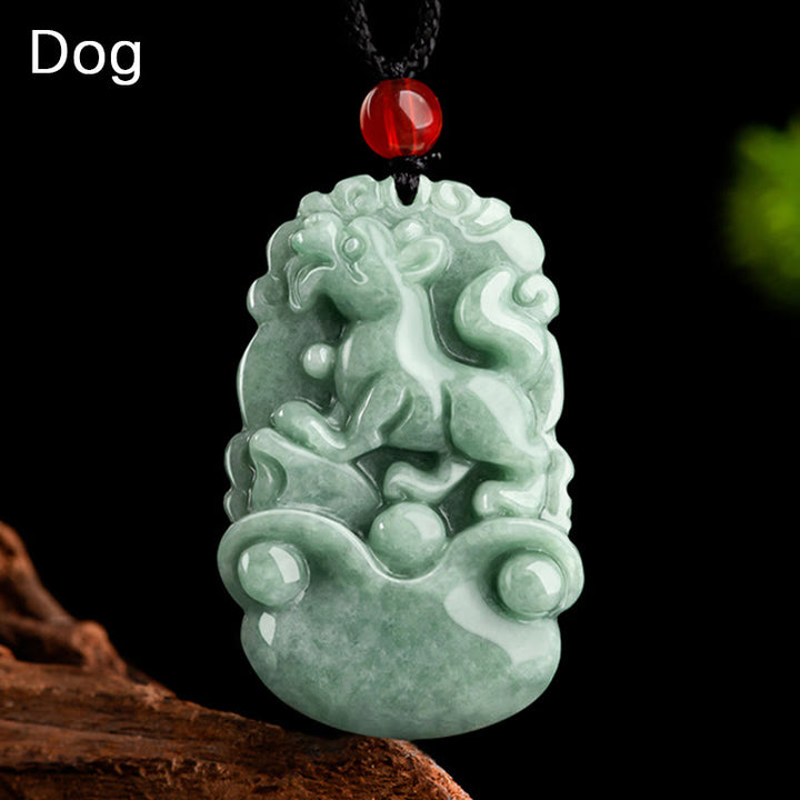 Buddha Stones Natural Green Jade 12 Chinese Zodiac Luck Prosperity Necklace Pendant