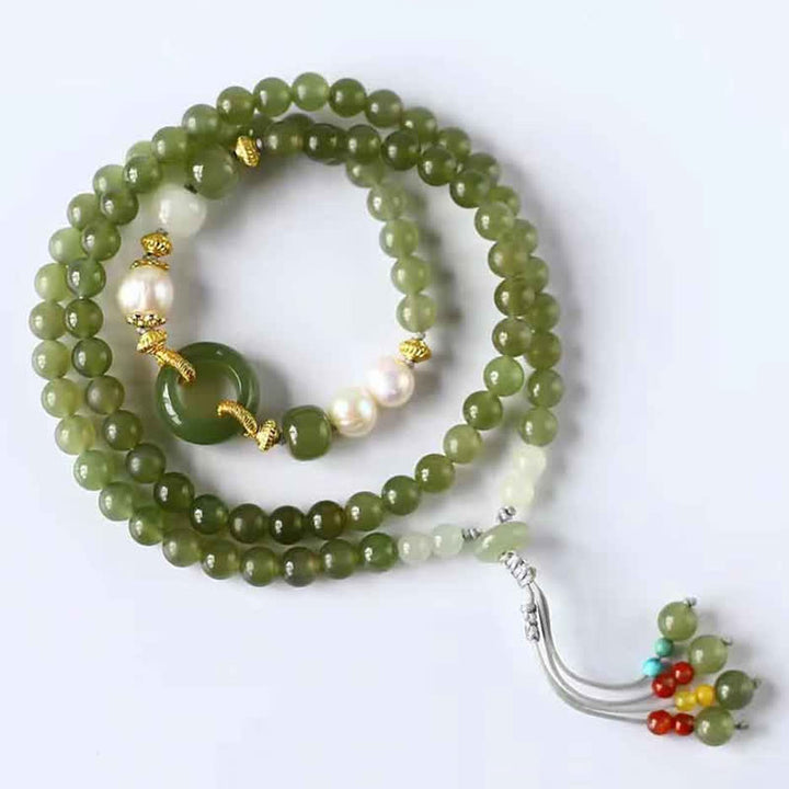 Hetian Jade Pearl Peace Buckle Luck Wealth String Bracelet