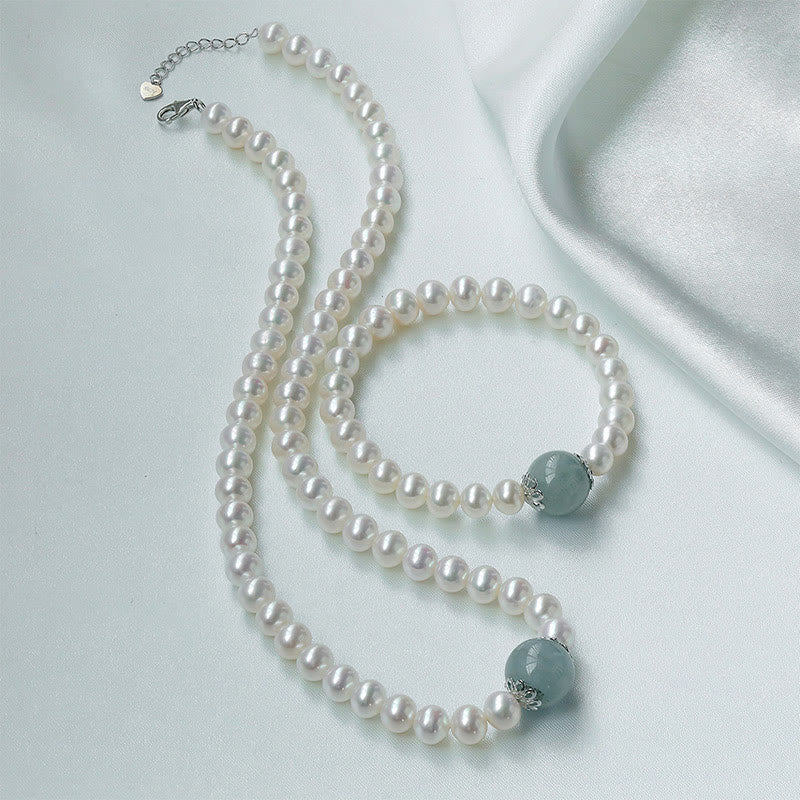 Buddha Stones 925 Sterling Silver Natural Pearl Hetian Jade Aquamarine Wisdom Sincerity Necklace Pendant Bracelet