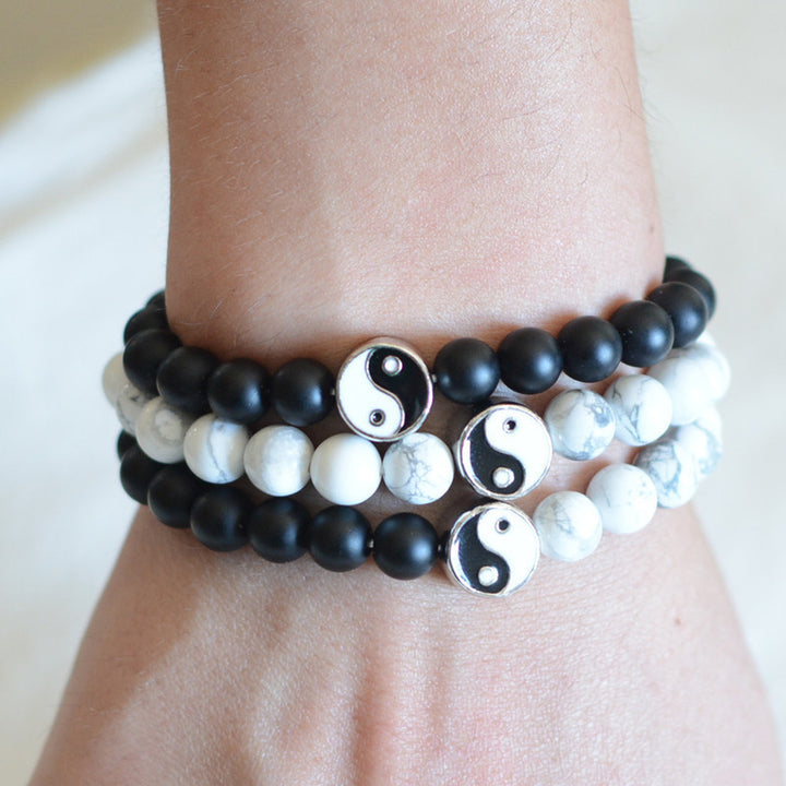 Buddha Stones 3pcs Natural White Turquoise Frosted Stone Bead Yin Yang Wealth Bracelet