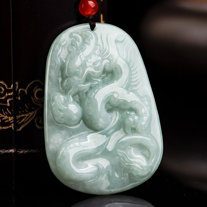 Chinese Zodiac Flying Dragon Jade Protection Necklace String Pendant