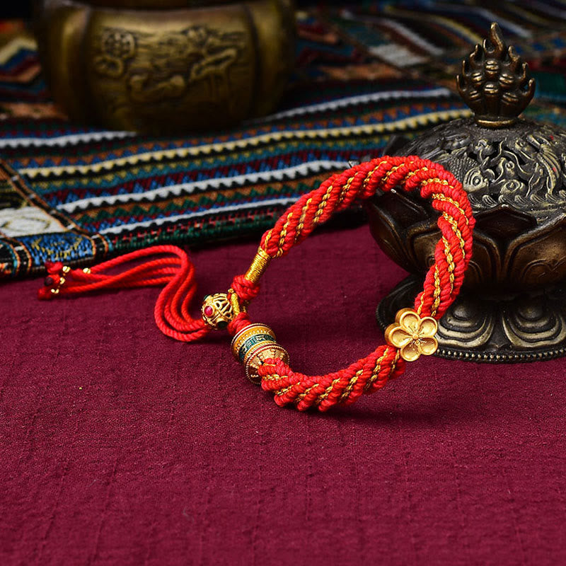 Tibet Handmade Five God Of Wealth Luck Thangka Amulet Prayer Wheel Flower Charm Weave String Bracelet