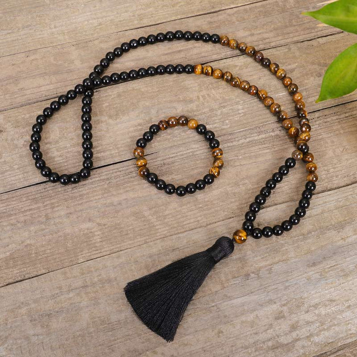 Buddha Stones Tibetan Black Onyx Tiger Eye Protection Necklace Mala Set