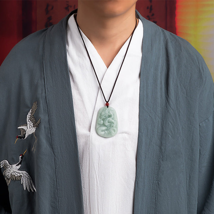 Chinese Zodiac Flying Dragon Jade Protection Necklace String Pendant