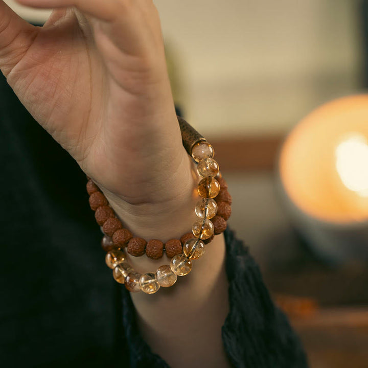 Buddha Stones Natural Citrine Crystal Rudraksha Bodhi Seed Brass Bead Prosperity Double Wrap Bracelet