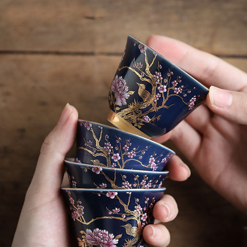 Buddha Stones Golden Magpie Peony Flower Ceramic Teacup Kung Fu Tea Cup