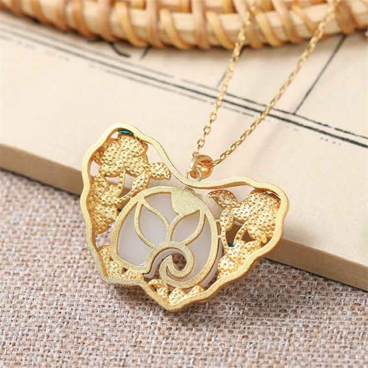 White Jade Elephant Butterfly Lotus Success Necklace Chain Pendant