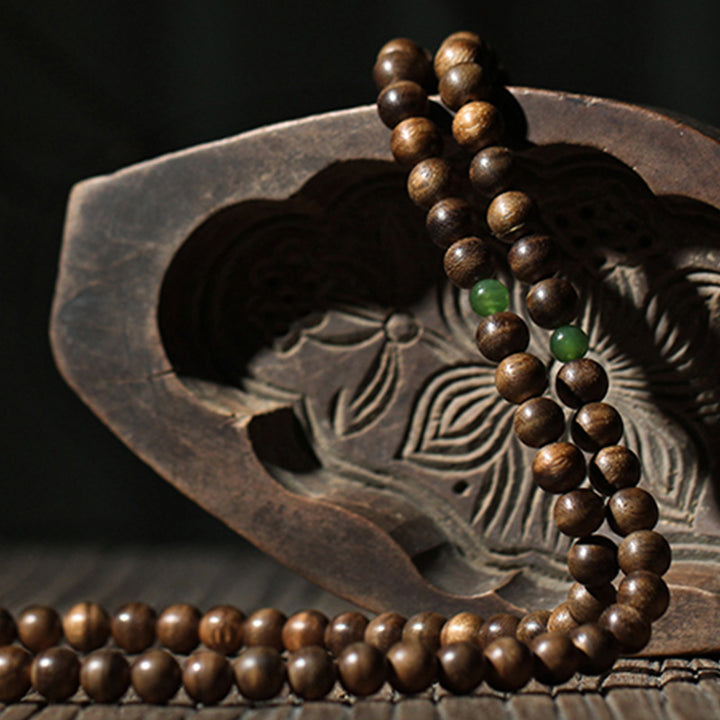 Buddha Stones 999 Gold 108 Mala Beads Kalimantan Agarwood Cyan Jade Six True Words Strength Bracelet