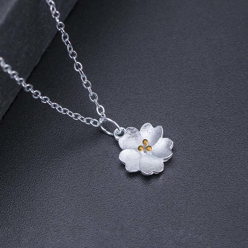 Buddha Stones 925 Sterling Silver Cherry Blossom Flower Blessing Necklace Pendant