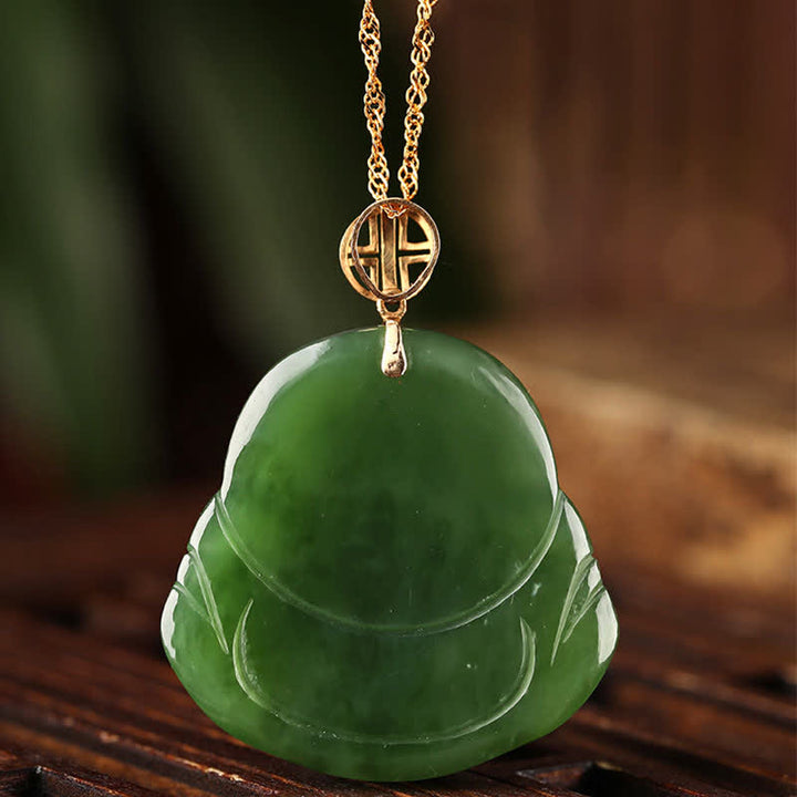 925 Sterling Silver Laughing Buddha Hetian Cyan Jade 18K Gold Success Necklace Chain Pendant